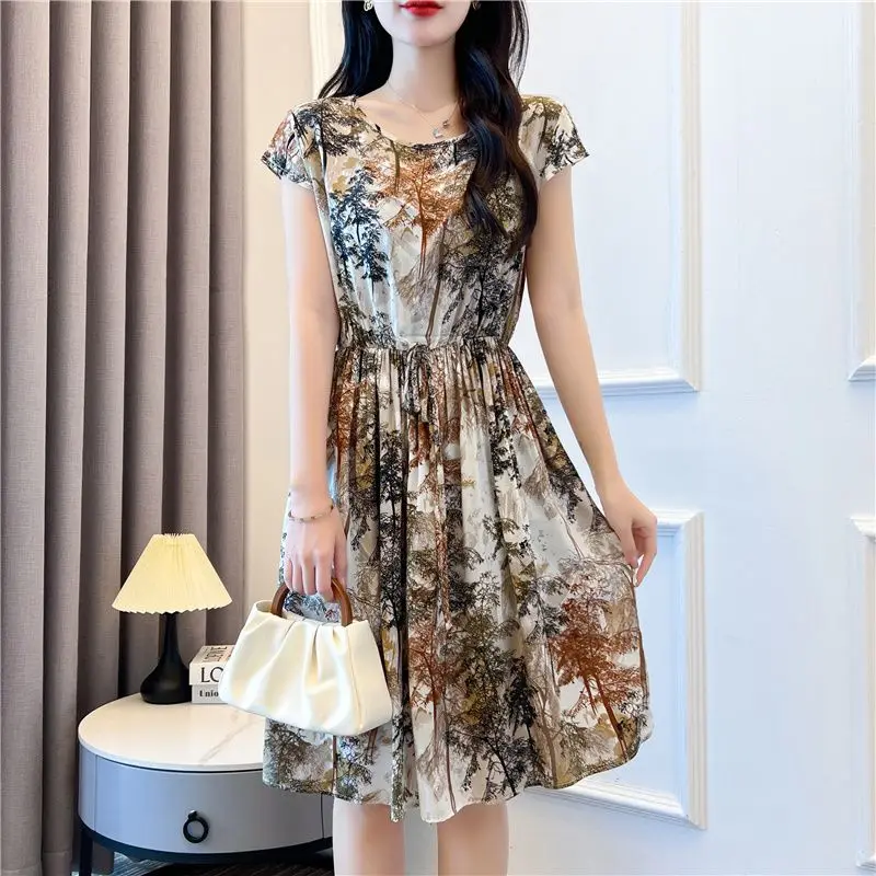 Vintage-Inspired O-Neck A-Line Midi Dress - Short Sleeve Summer Fashion with Drawstring Detail