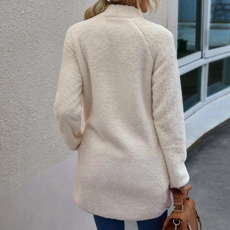 Long Sleeve Pocket Zipper Coat Warm Winter Mid-length Coat Winter 2024 Fashion Ladies Loose Solid Color Casual Jacket