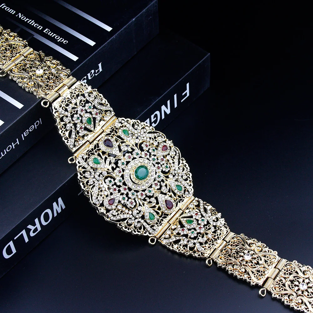Sunspicems Breiter Marokko-Gürtel für Frauen, Kaftan, Kleid, Taillenkette, goldfarben, arabische Hochzeit, Körperschmuck, Kristallgürtel, Brautgeschenk – Detail 2