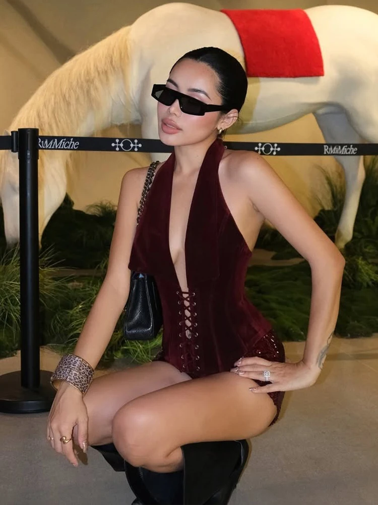 Nibbers Wild Sexy 2 Piece Set Women Halter Backless Shirring Tank Top+Sequin Bike Short Trend Midnight Coquette Party Streetwear