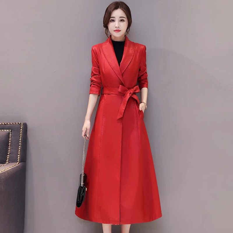 New Women Long Leather Coat Autumn Winter Fashion Elegant Shawl Collar Lace-up Slim Split Leather Overcoat Casual Trench Coat