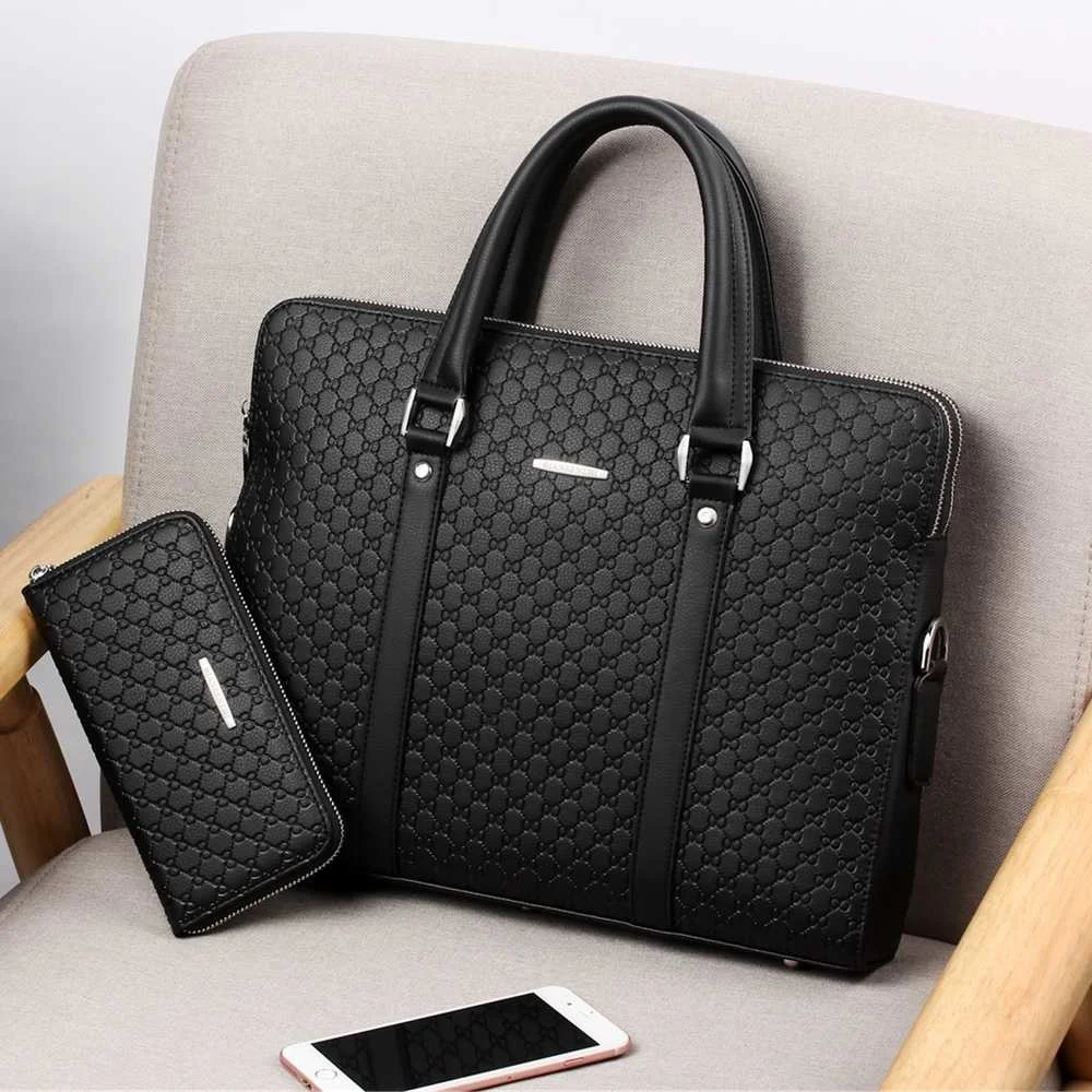 Leather Briefcase Men's Double Layers Business Casual Shoulder Bag Messenger Bag Laptop Handbag Travel Bag