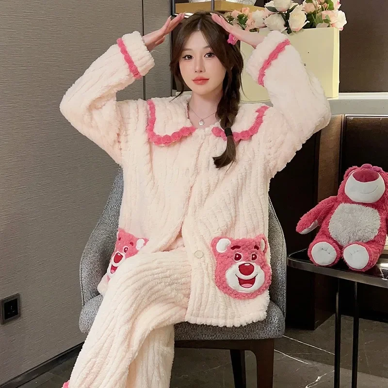 Women Pajamas Set women pajamas set women pajama suit 125kg Large Size Winter Plush Pajamas Set Women Sweet Cardigan Long Sleeve Trousers Loungewear Thicken Warm Fluffy Sleepwear