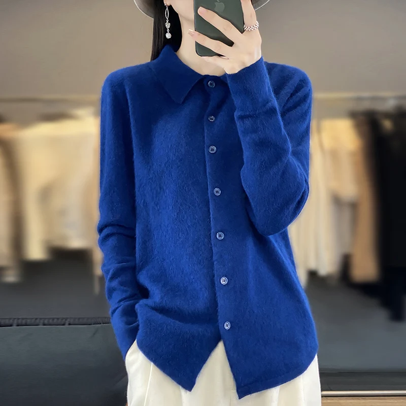 100% Mink Cashmere POLO Collar Women's Sweater Cardigan Solid Color Thick warm Cardigan Sweater For Women 2023 Autumn/Winter New 4