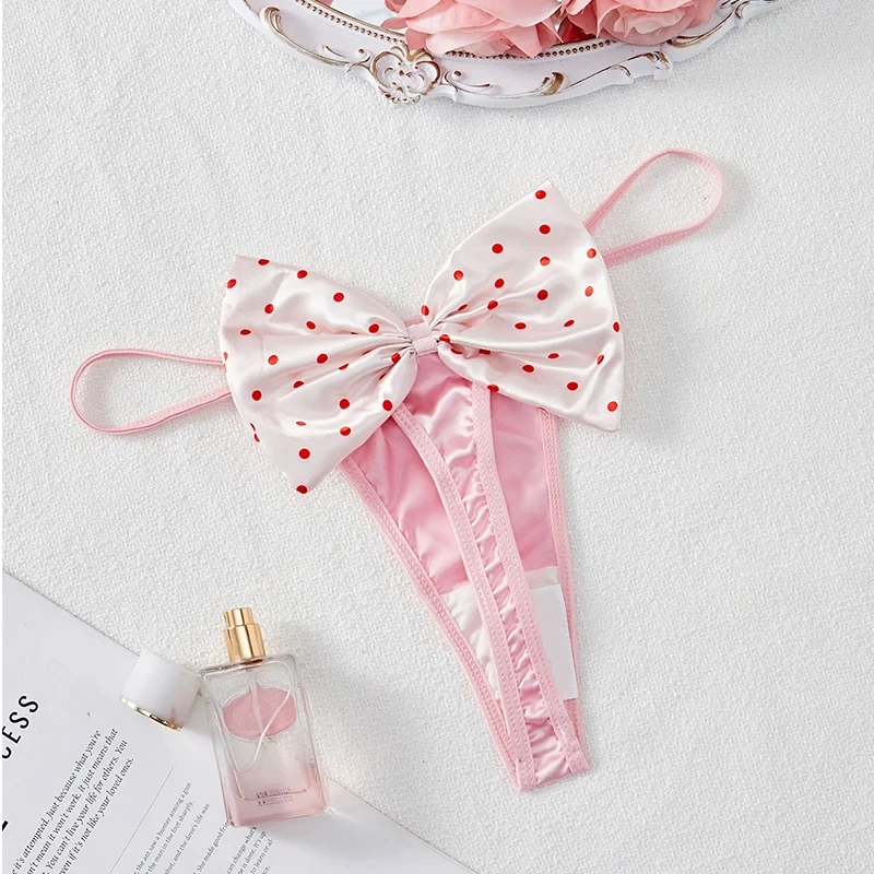 Fashion Pink Satin Big Bow Female Thongs Kawaii Japanese Sexy Panties Cute Women Underwear Girl Lingerie