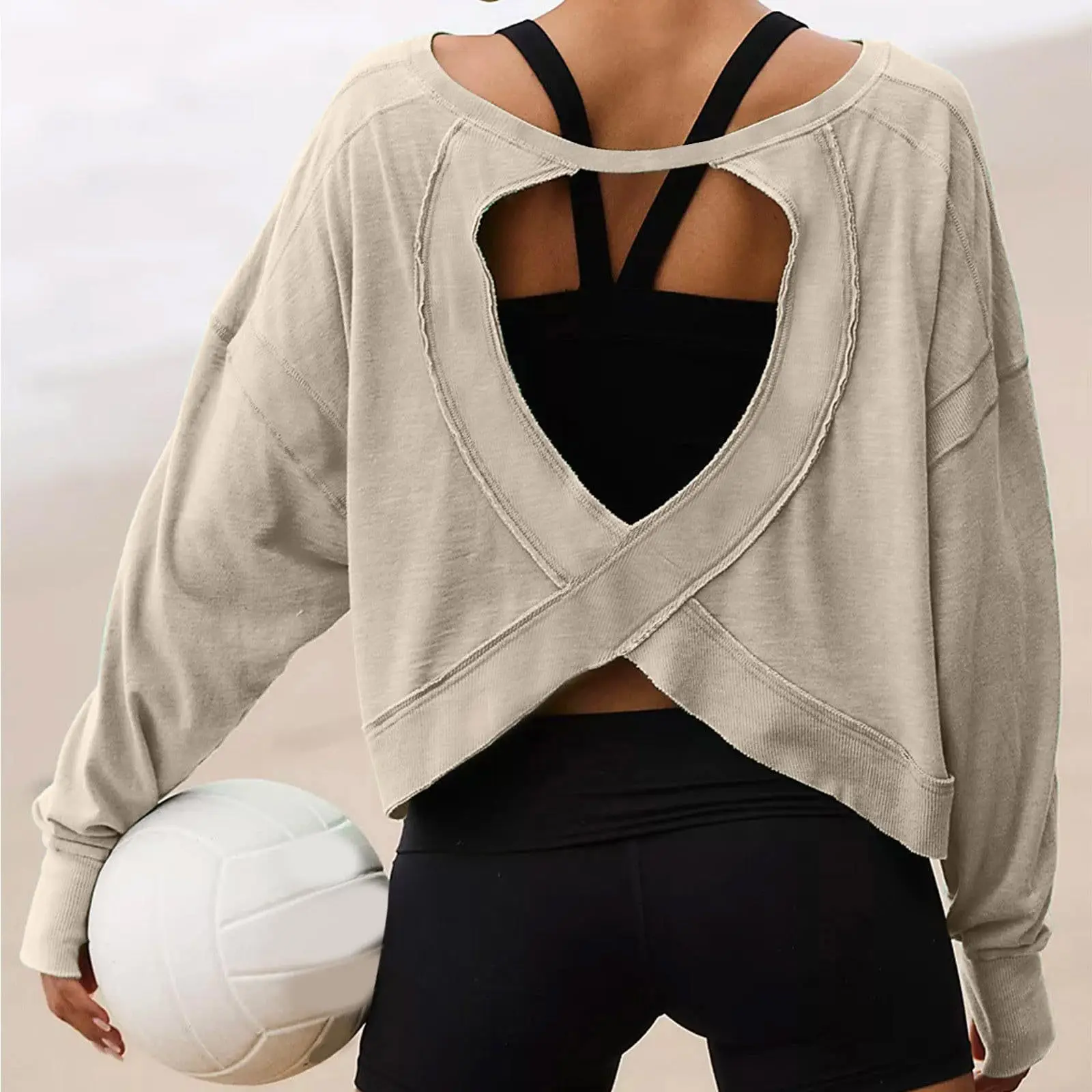 Women's Loose Long-sleeved T-shirt Blouse Age-reducing Hollow Short Round Neck Sports sports t shirt sports shirt