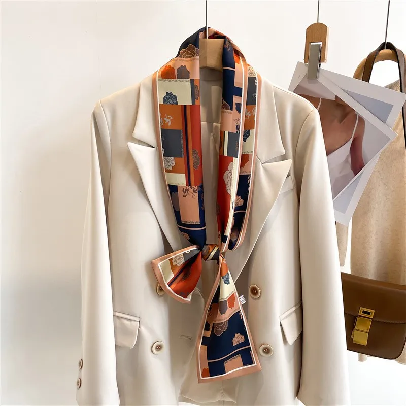 women's silk printed long narrow scarf