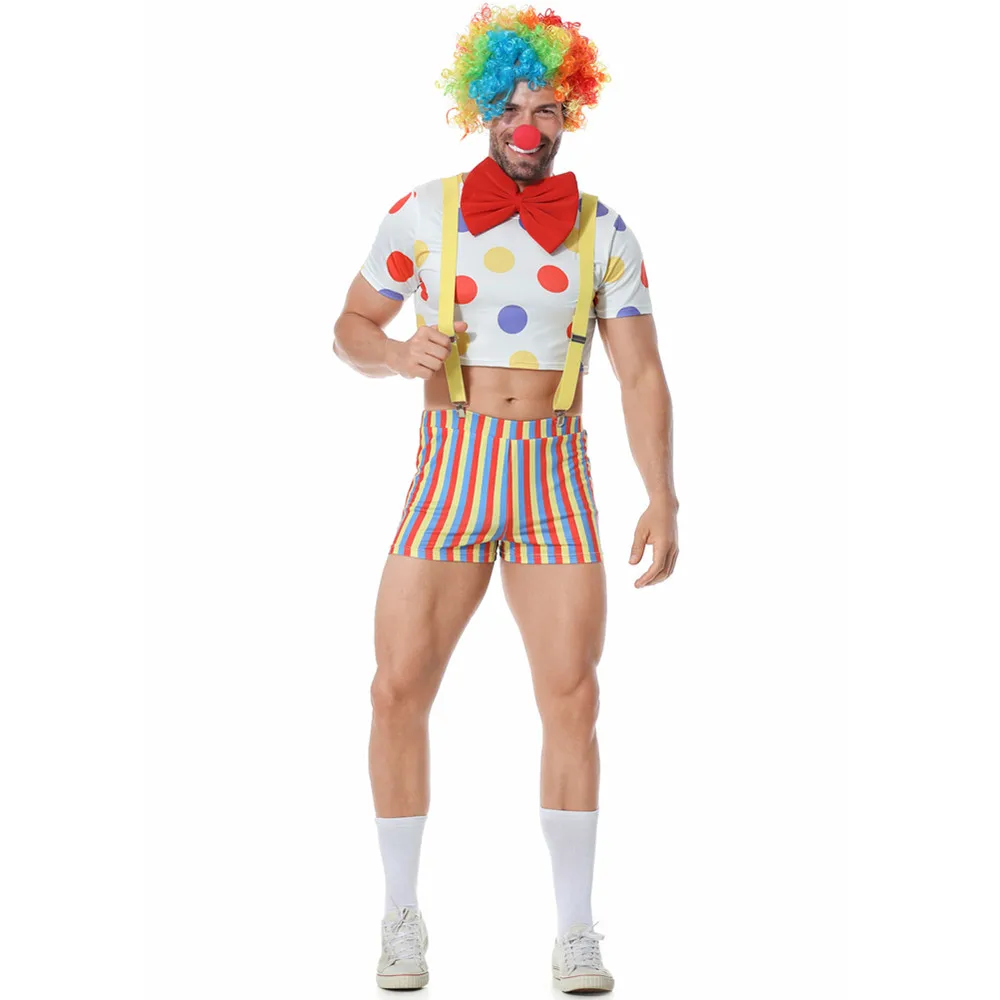 

Adult Male Funny Circus Clown Cosplay Costumes Holiday Stage Performance Carnival Halloween Party Joke Dress With Wig