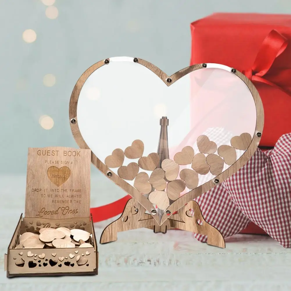 1 Set Wooden Love Heart Ornament with Guest Drop Box Mini Heart Sign Stable Stand Guest Book Wedding Heart-shaped Decoration