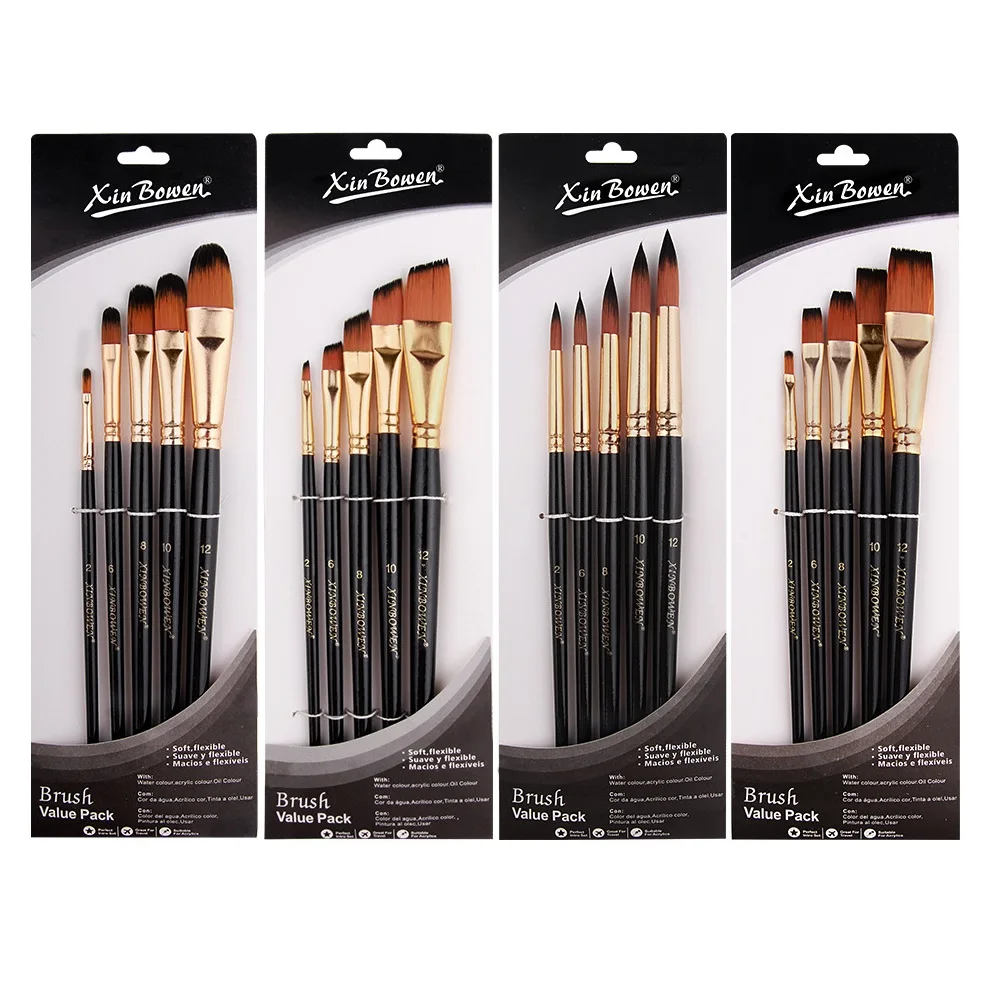 5pcs Artist Paint Brush Kit Professional Round Flat Angled Filbert Paintbrushes for Oil Acrylic Watercolor Face Craft Painting