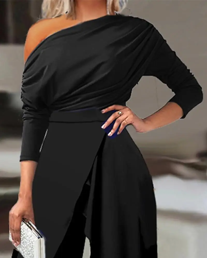 Elegant Jumpsuits For Women 2023 Autumn New Ruched Off Shoulder Slit High Waist Wide Leg Jumpsuit Ladies Chic Commuting Clothing