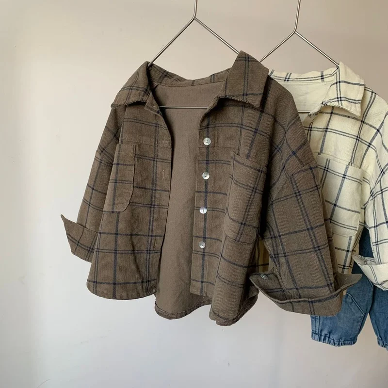 Spring autumn Boys and Girls corduroy plaid long sleeve shirts 1-6 years children vintage casual shirt Top
