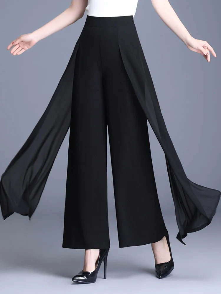 

Брюки женские шифоновые с широкими штанинами, Длинные повседневные винтажные свободные брюки с завышенной талией, с Боковым Разрезом, однотонные, лето