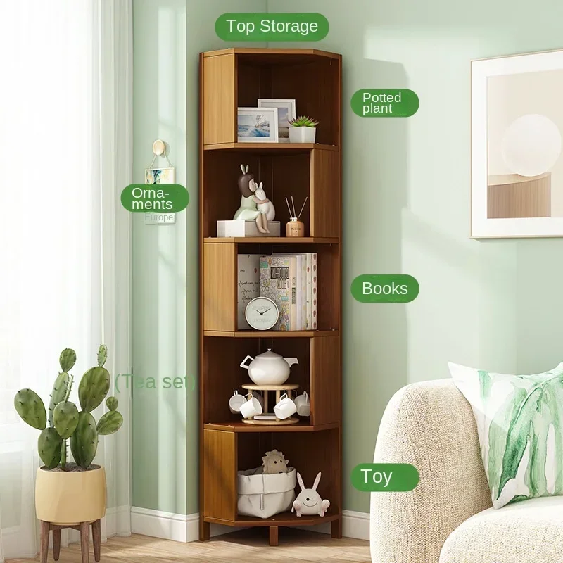 Bamboo Corner Storage Cabinet, Living Room Floor Bookshelf, Multi-layer Storage Rack, Children's Picture Book Organizer.
