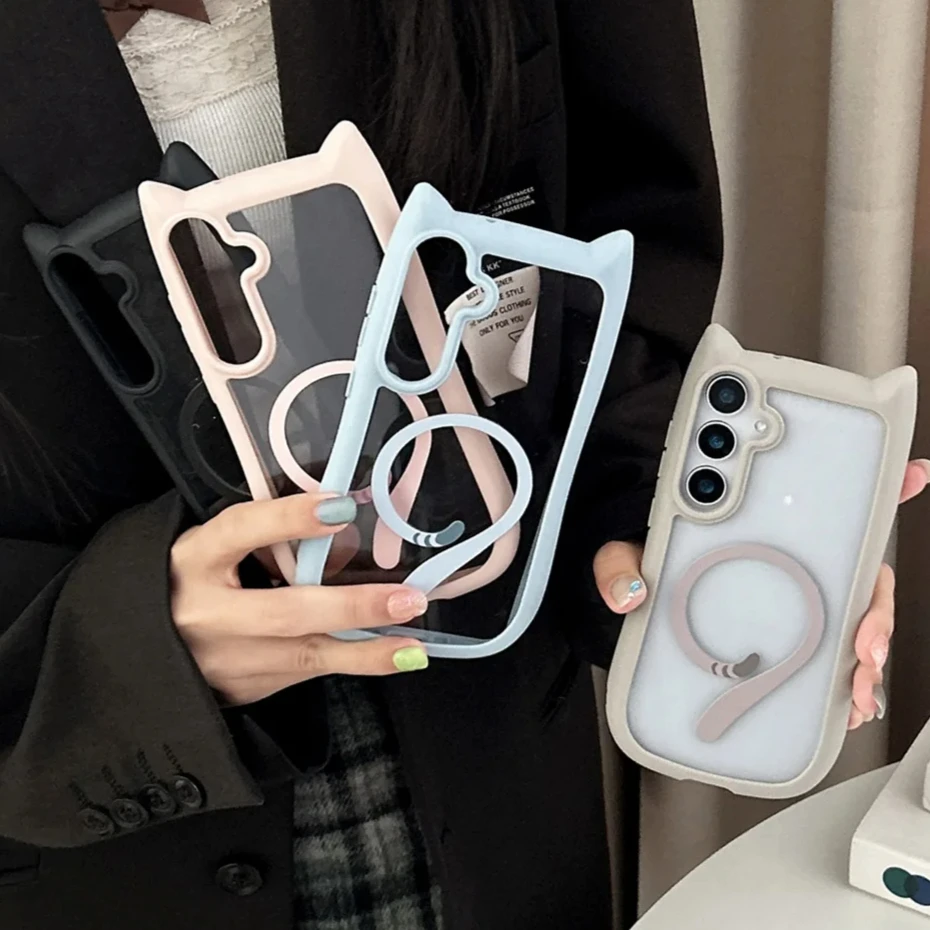 Chic Magnetic Cat Ear Transparent Phone Case with Wireless Charging Compatibility