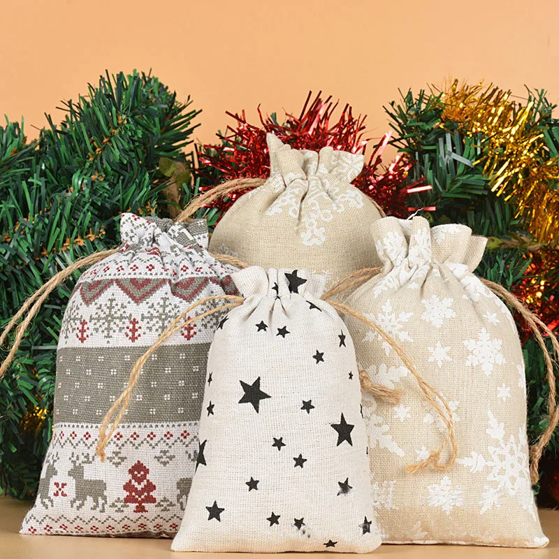 50pcs Wholesale Merry Christmas Linen Cloth Drawstring Bags 10*14cm, 13*18cm Small Storage Kids Pocket Pouches Party Favors