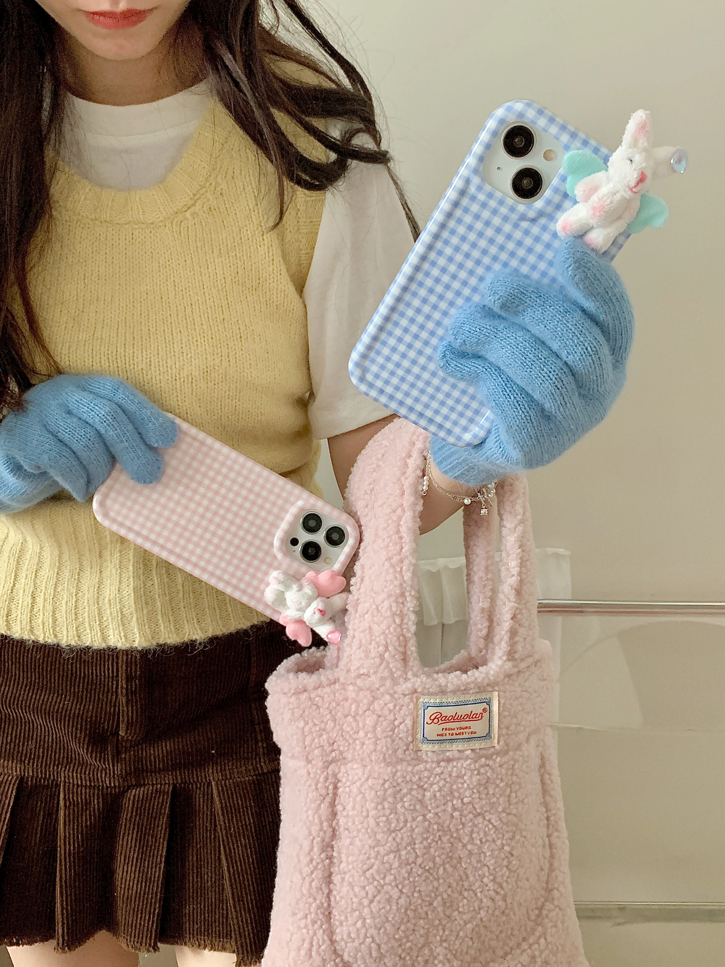 Korean INS Cute Cartoon Furry Wing Bear Check Case for iPhone 15 14 13 Pro Max 12 Pro Plus 11 Shockproof Soft Silicone IMD Cover