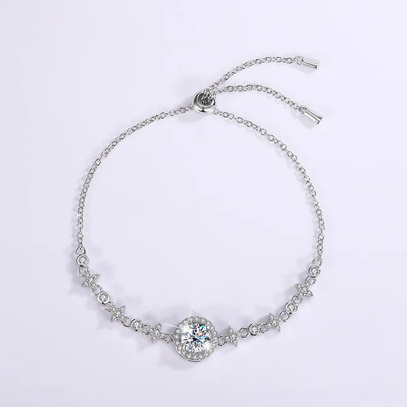 JECIRCON 925 Sterling Silver Moissanite Bracelet for Women Full of Stars and Moon Push-pull Adjustable Hand Jewelry Gift 1ct