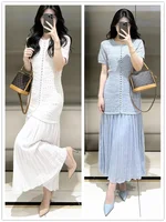 Pearl Decoration Ladies Single-Breasted Knit Midi Dress O-Neck Women’s Short Sleeve Slim Fit Splices Long Robes