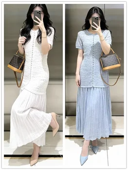 Pearl Decoration Ladies Single-Breasted Knit Midi Dress O-Neck Women's Short Sleeve Slim Fit Splices Long Robes 1