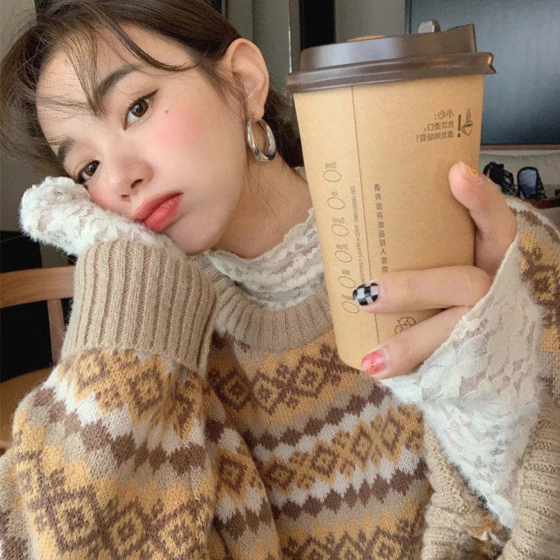 

Retro Round Neck Sweater Women 2022 Winter Casual Loose Plaid Pullover Sweater New Fashion Knitwear Oversized Top