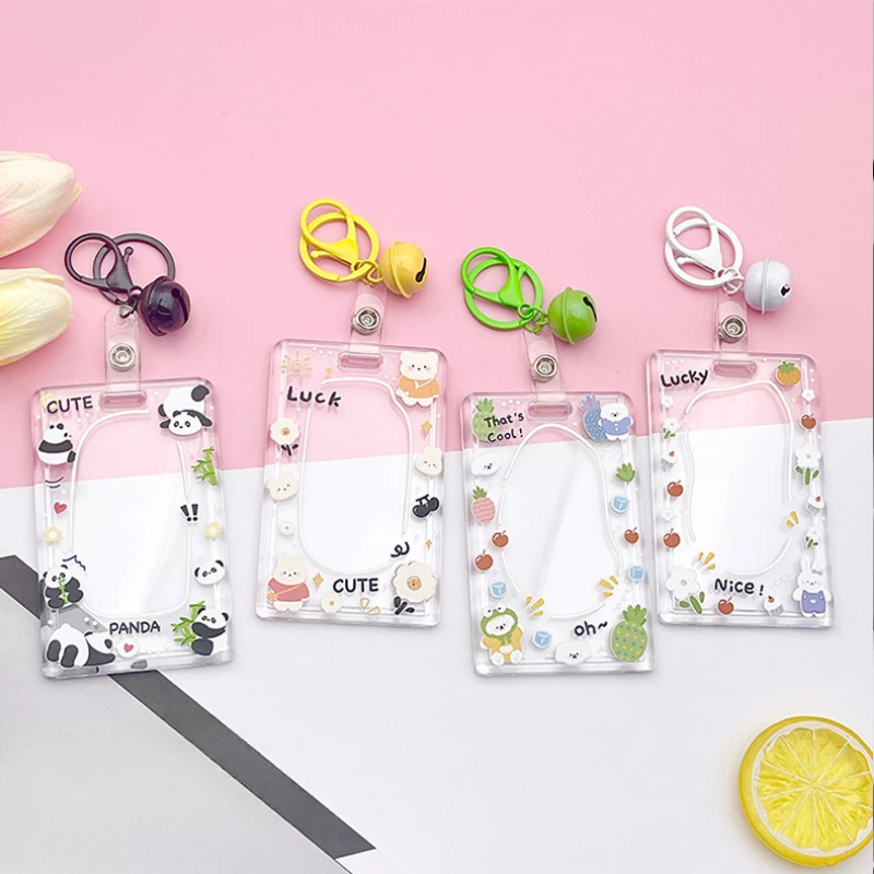 Kawaii Plastic Cartoon Cards Protecting Cover Clear Pig Bear Frog Card Holders with Long Rope Key Chain Student Bus Card Holder