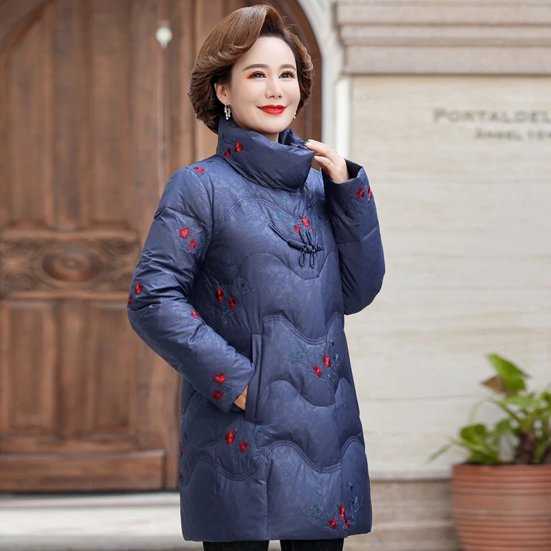 

Flowers Embroidery White Duck Down Coats Woman Winter 2023 Vintage Middle Aged Women's Winter Puffer Jackets Elegant Long Parkas