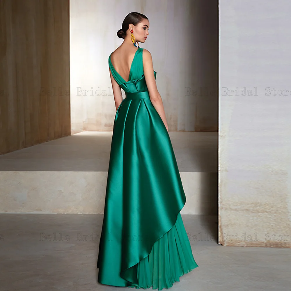 Elegant Green Mother of the Bride Dresses V Neck Sleeveless A-Line Wedding Party Gowns Pleat Floor-Length Robe De Soir&eacute;e Femme