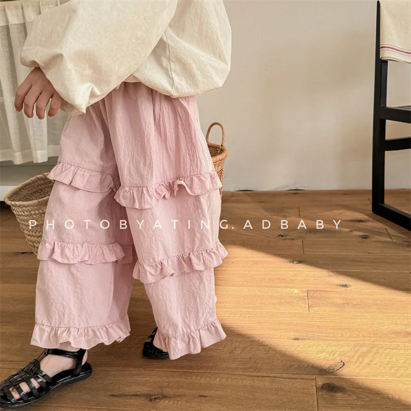 Children Loose Trousers 2024 Spring New Fashion Kids Girls Lace Wide Leg Pants Cotton Toddler Solid Casual Pants Baby Clothes