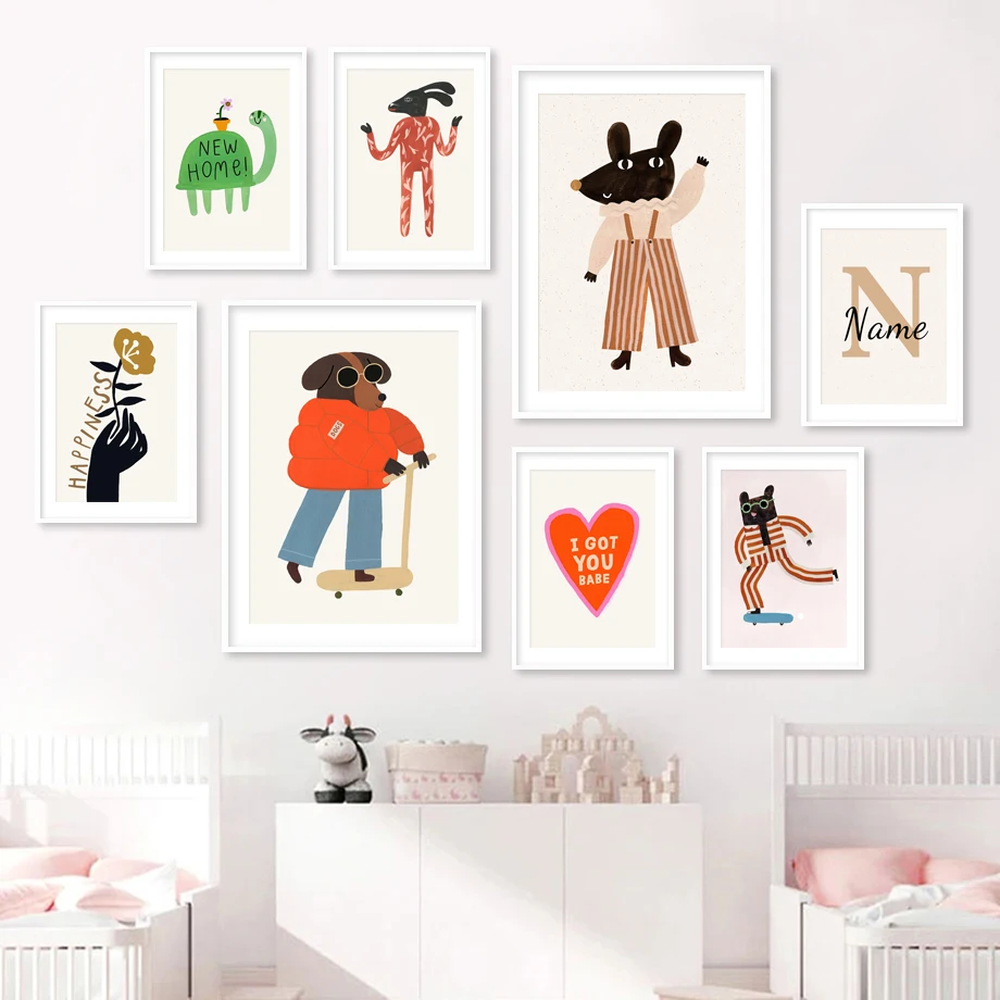 

Nordic Posters and Prints for Baby Room Decor, Canvas Painting, Wall Pictures, Bear, Rabbit, Dog, Cat, Turtle, Bee Name, Wall Ar