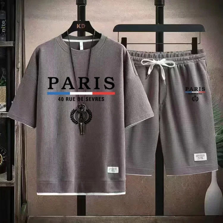 thumbnail image 1 of Conjuntos de gofres para hombre, conjunto de camiseta y pantalones cortos informales de Francia y París, 2 piezas, trajes deportivos de verano para hombre, chándal, traje holgado, camiseta para hombre, 1 of 5