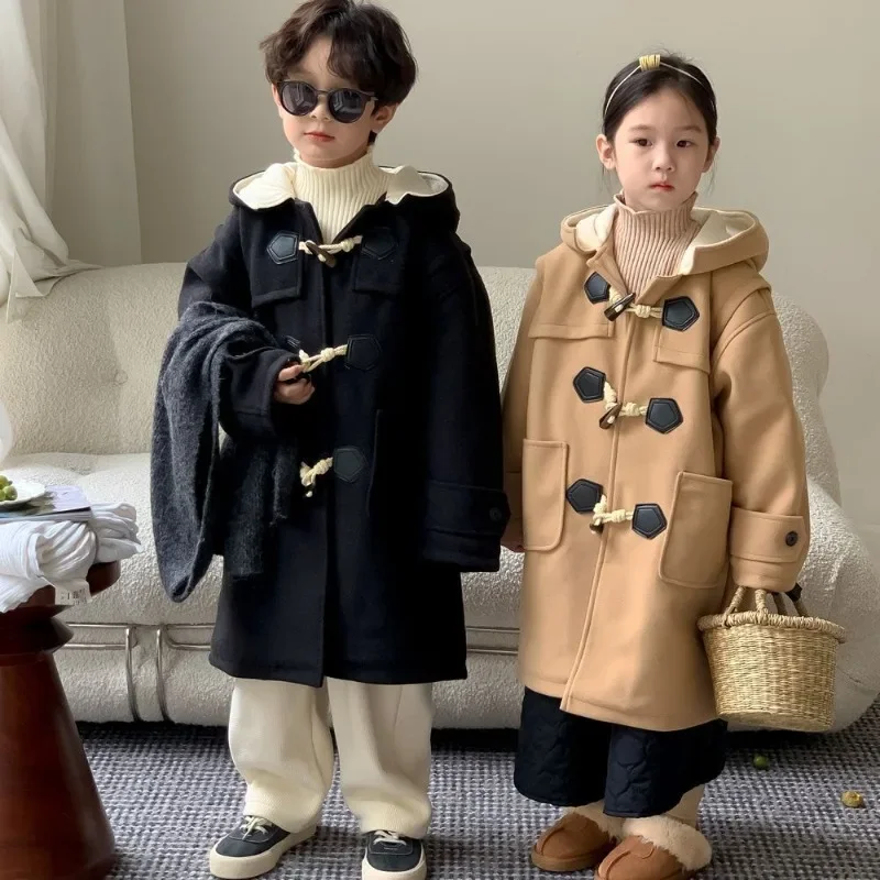 

Children's Camel Coat Winter Baby Boys and Girls' Woolen Coat Solid Casual Jacket Children's Hooded Thickened Horn Button Coat