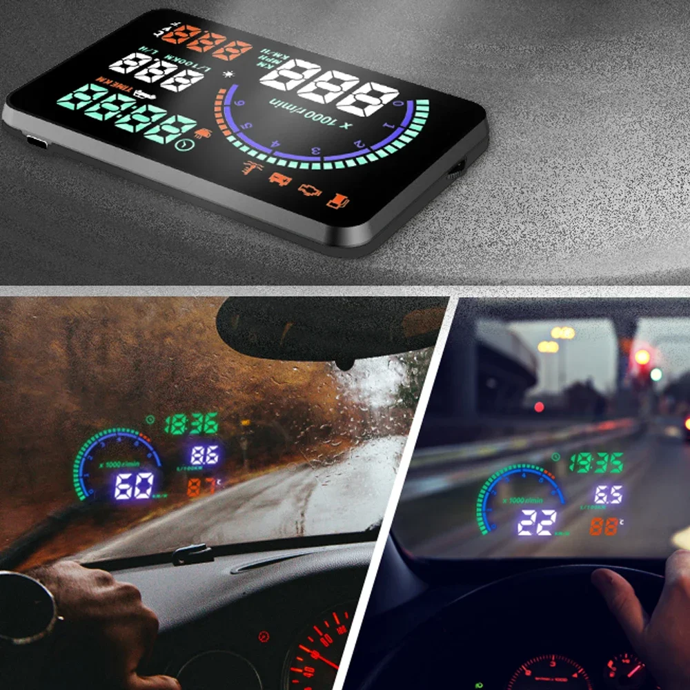 Auto HUD Head Up display Auto OBD2 Velocità 5.5 pollici Proiettore KMH MPH Tachimetro Rilevatore di auto Consumo di carburante Allarme di sicurezza