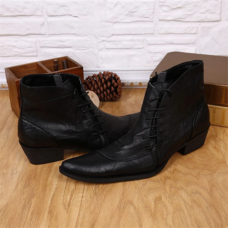 Men's pointed leather boots with a height of 6cm and a thick heel. Casual cowhide boots with side straps are trendy
