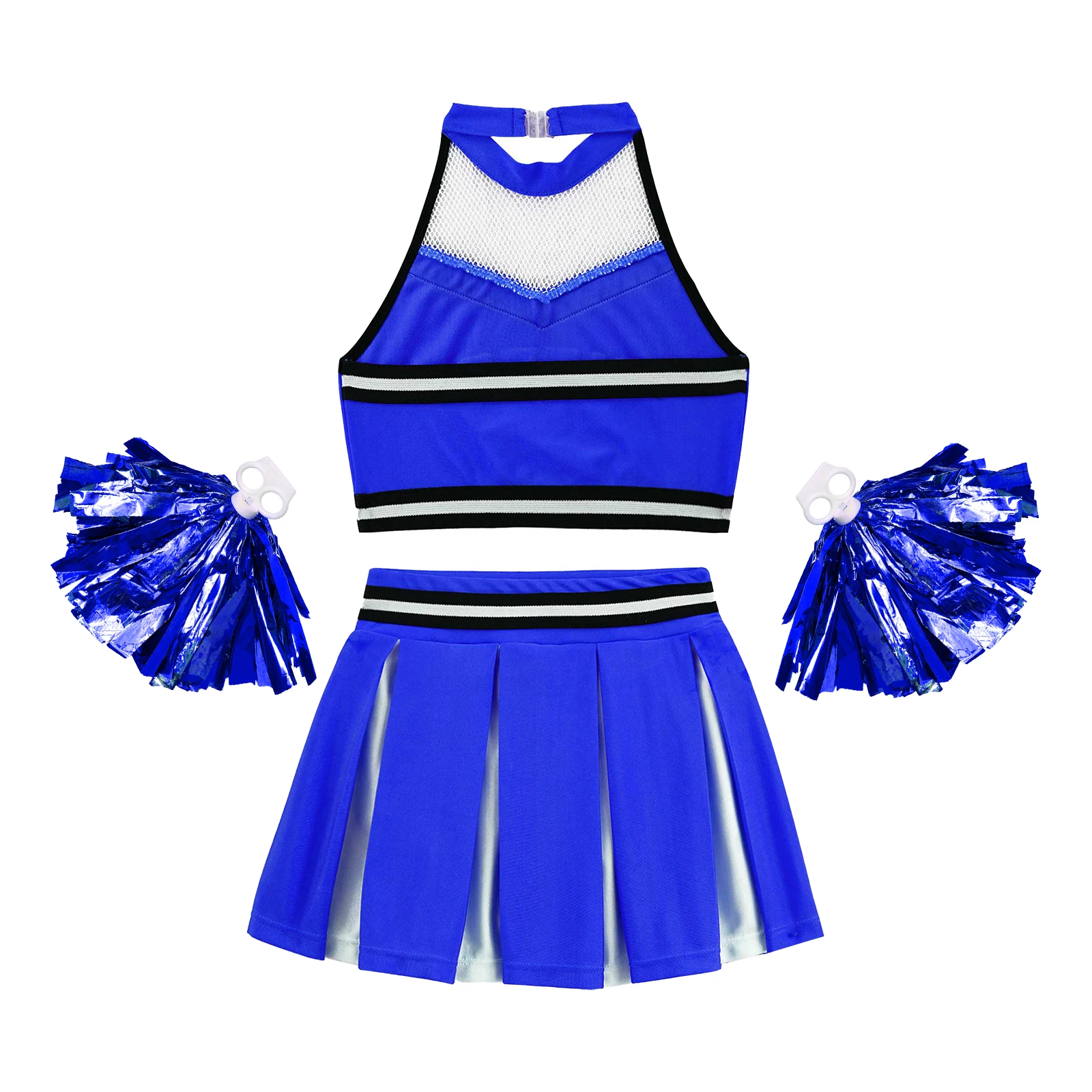 Kids Girls Cheerleader Dance Costume Halter Neck Backless Crop Top with Elastic Waistband Pleated Skirt Cheerleading Uniform