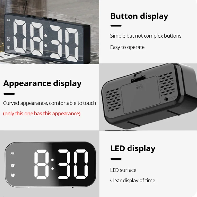 LED Mirror Digital Alarm Clock with Snooze and Time Display