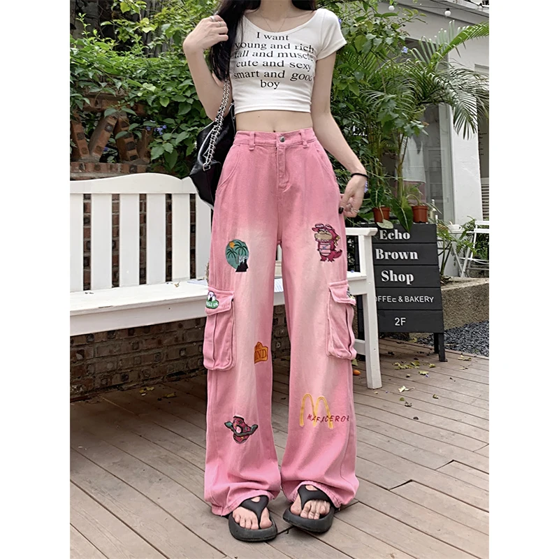 

2024 New Women's Jeans Fashionable Retro Cartoon Embroidered Pink Workwear Denim Pants High Waist Loose Straight Leg Pants Women