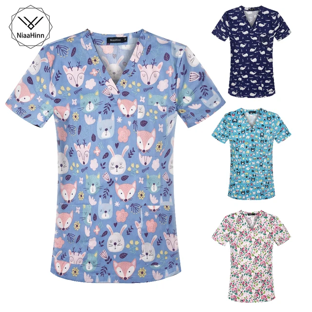 Women Cute Cartoon Print Nursing Scrubs Tops T Shirt Casual Short