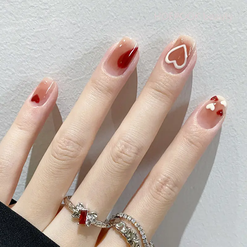 

24pcs Red Heart Coffin Cute Kawaii Press On Nail Tips Full Coverage Artificial Fake Nails Art Seamless Removable Fake Nails Set