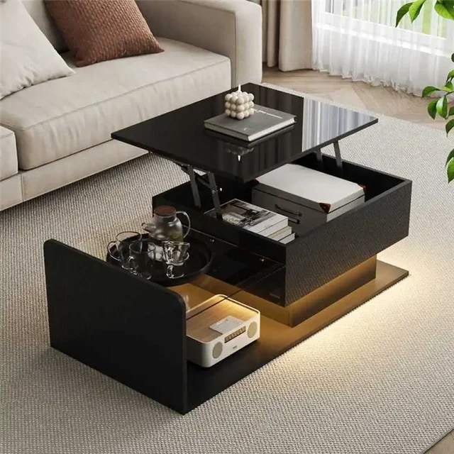 Table basse, noir brillant, table d'appoint, table basse avec plateau en verre et effet LED, avec plateau en verre 1