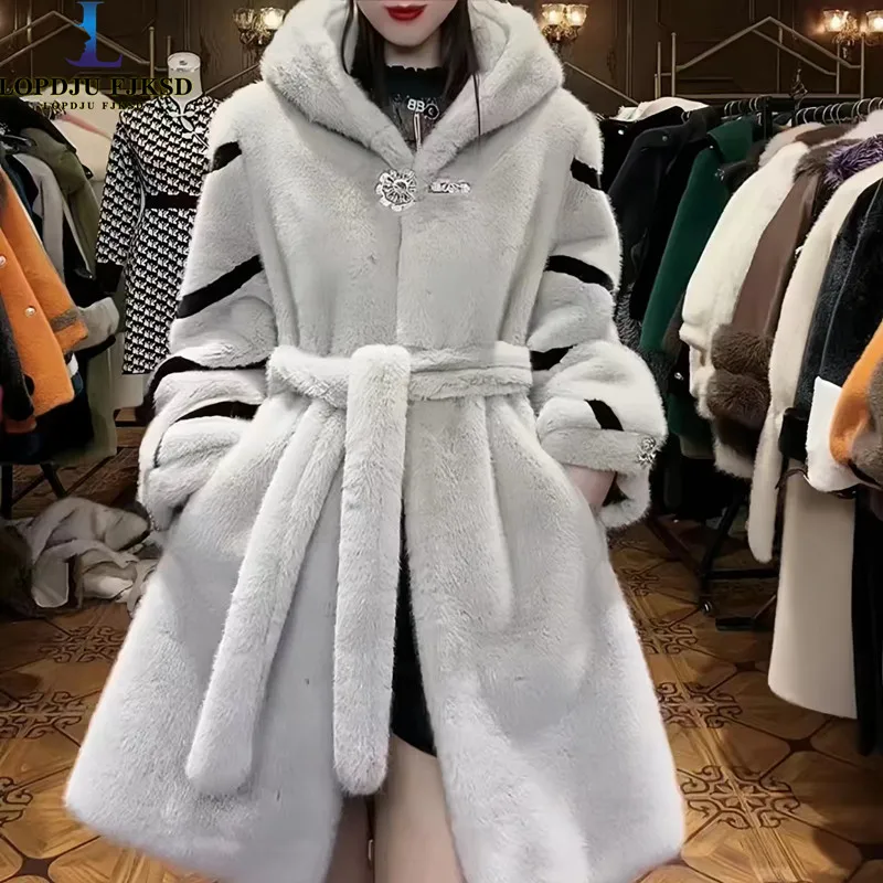 

Faux Fur Coat for Women, England Style Long Jackets, Adjustable Waist Overcoat,Hooded , Female Clothe, Winter,New, 2024