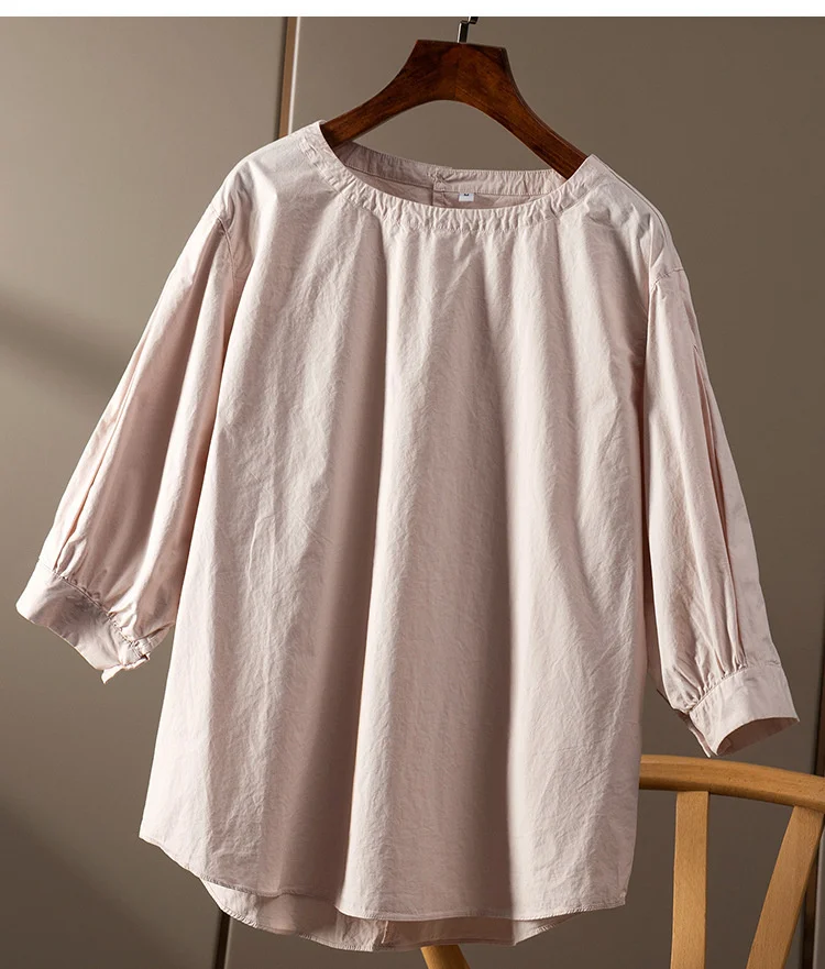 

Japanese single cotton thin round neck lantern sleeve casual age reducing 7/4 sleeve shirt top female