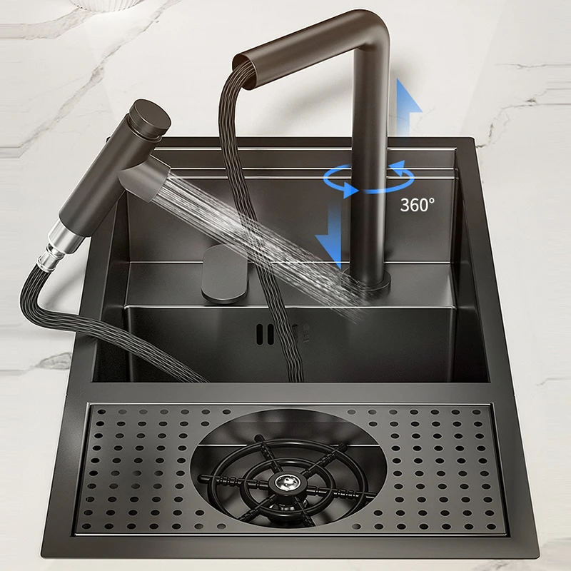 Nanometer Black Small Size Kitchen Sink With Cup Washer Hidden Bar Counter Cover Concealed Single Bowl Sinks