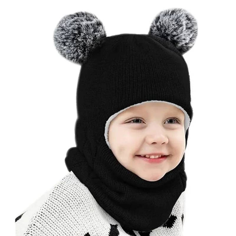 Pasamontañas con pompón para niños, gorro de punto para bebé, bufanda,  redecilla con forro polar, otoño e invierno, 2024 - AliExpress