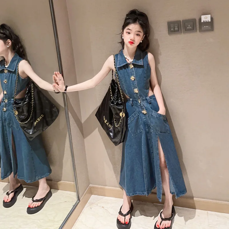

New Kids Outfits Youth Girls Clothing Summer Denim Vest Skirt Two Pieces Blue Teen Children Clothes Set Trendy Cool Streewear