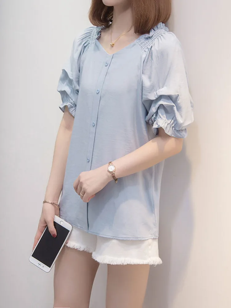 Oversize 4xl V-neck Loose Blouse Female Summer Korean Light Blue V-neck Shirt Lantern Sleeve Ruffles Large Tops Single Breasted