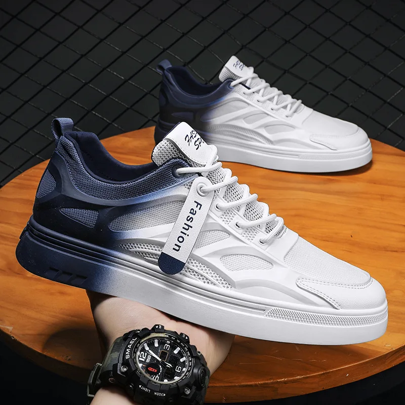 Mesh Men Casual Shoes Flat Lace-up Platform Shoes for Men Breathable Outdoor Non-slip Vulcanize Shoes White All-match Sneakers 2