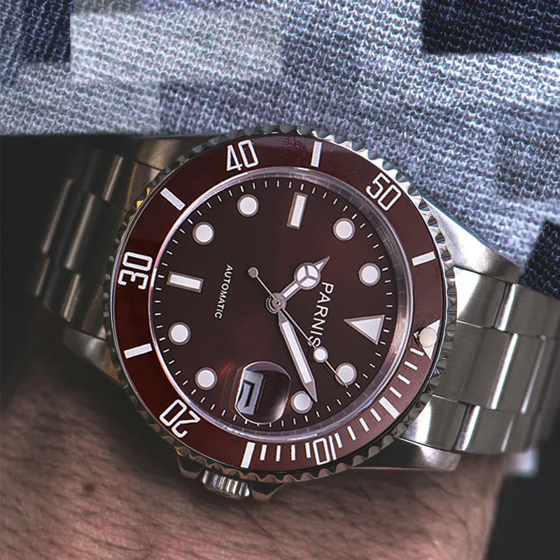 

Fashion Parnis 40mm Brown Bezel Automatic Mechanical Men Watch Sapphire Glass Calendar Sports Watches reloj de hombre Clock Gift