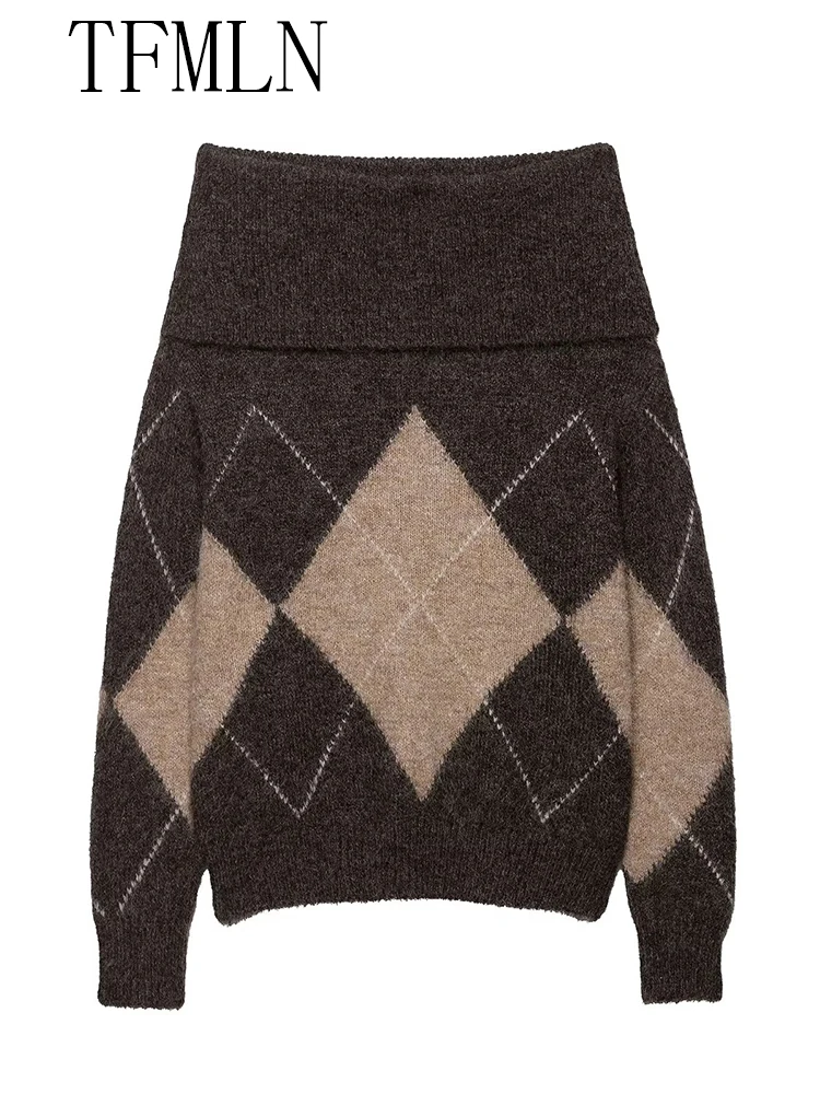 2025 Autumn Winter Women Off Shoulder Knitted Sweater Fashion Warm Loose Argyle Pullover Tops Causal Ladies Slash Neck Sweaters