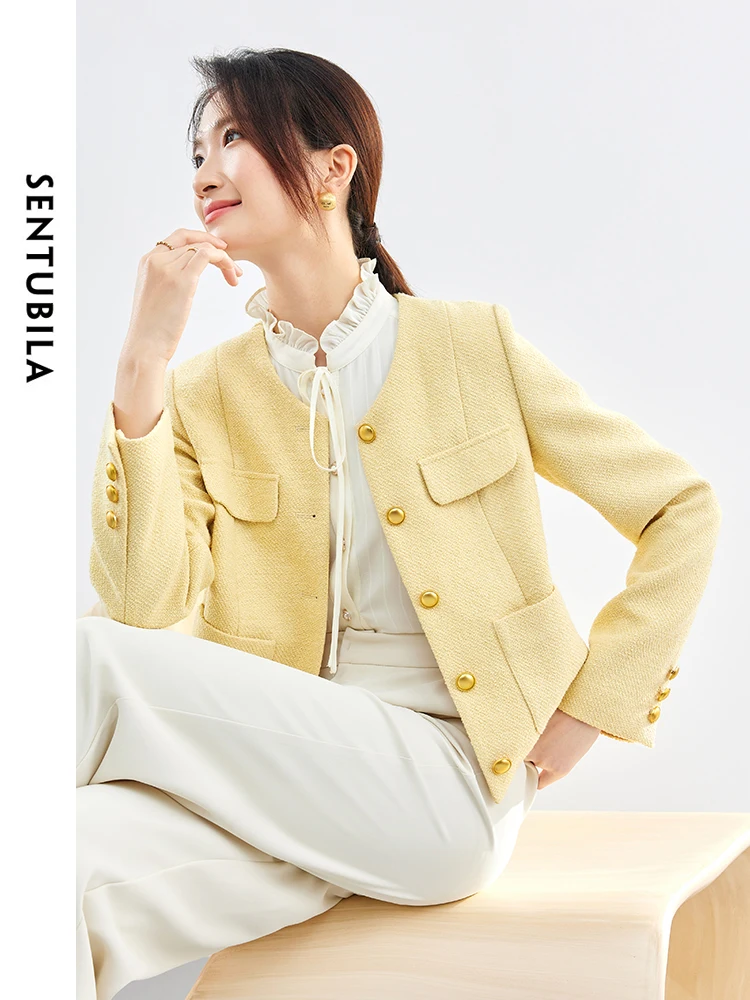 

SENTUBILA Straight Cropped Round Neck Tweed Jacket 2024 Spring Single Breasted Patch Pocket Long Sleeve Elegant Coat 141W53200